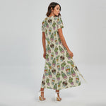 Cute Cartoon Cactus Pattern Print Short Sleeve Maxi Dress