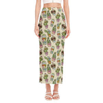 Cute Cartoon Cactus Pattern Print Side Slit Maxi Skirt