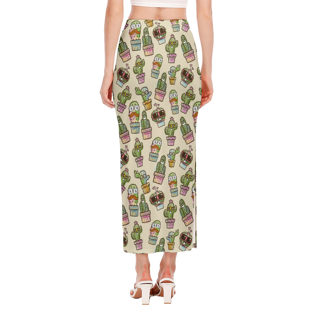 Cute Cartoon Cactus Pattern Print Side Slit Maxi Skirt