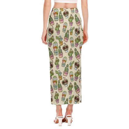 Cute Cartoon Cactus Pattern Print Side Slit Maxi Skirt