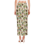 Cute Cartoon Cactus Pattern Print Side Slit Maxi Skirt
