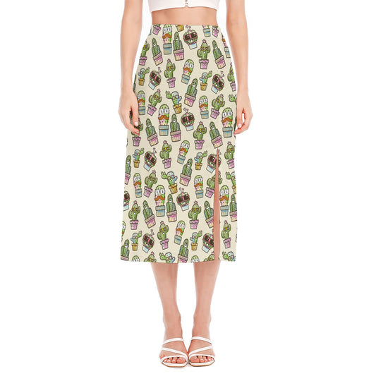 Cute Cartoon Cactus Pattern Print Side Slit Midi Skirt