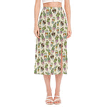 Cute Cartoon Cactus Pattern Print Side Slit Midi Skirt