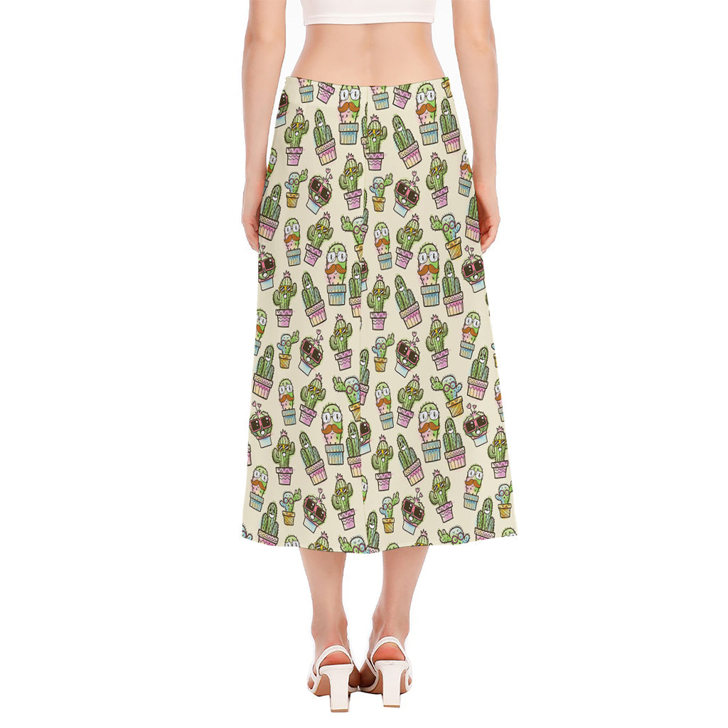 Cute Cartoon Cactus Pattern Print Side Slit Midi Skirt