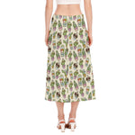 Cute Cartoon Cactus Pattern Print Side Slit Midi Skirt