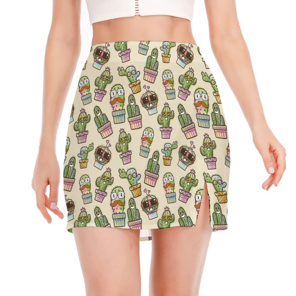 Cute Cartoon Cactus Pattern Print Side Slit Mini Skirt