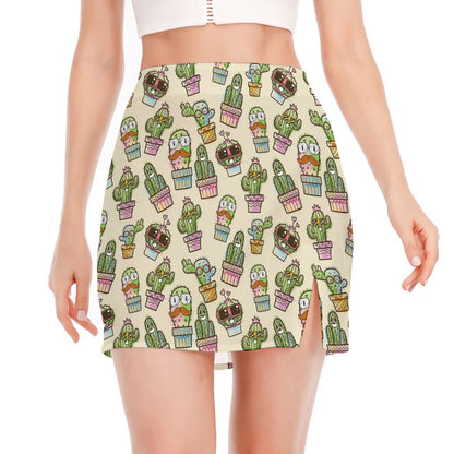 Cute Cartoon Cactus Pattern Print Side Slit Mini Skirt