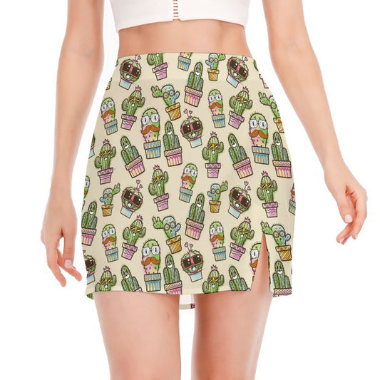 Cute Cartoon Cactus Pattern Print Side Slit Mini Skirt