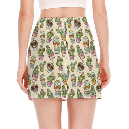 Cute Cartoon Cactus Pattern Print Side Slit Mini Skirt