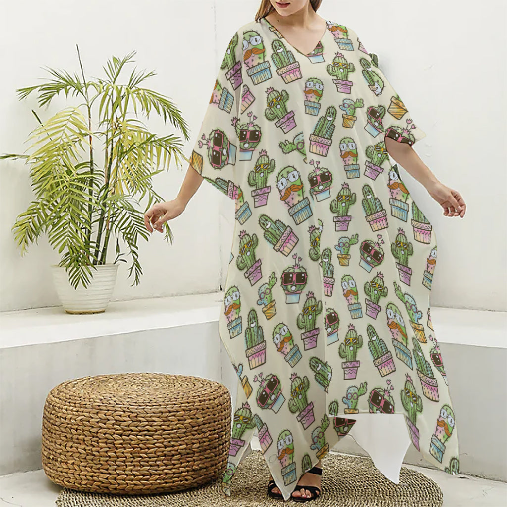 Cute Cartoon Cactus Pattern Print Silk V-Neck Kaftan Dress