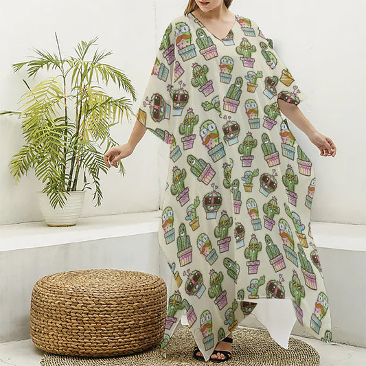 Cute Cartoon Cactus Pattern Print Silk V-Neck Kaftan Dress