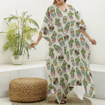 Cute Cartoon Cactus Pattern Print Silk V-Neck Kaftan Dress