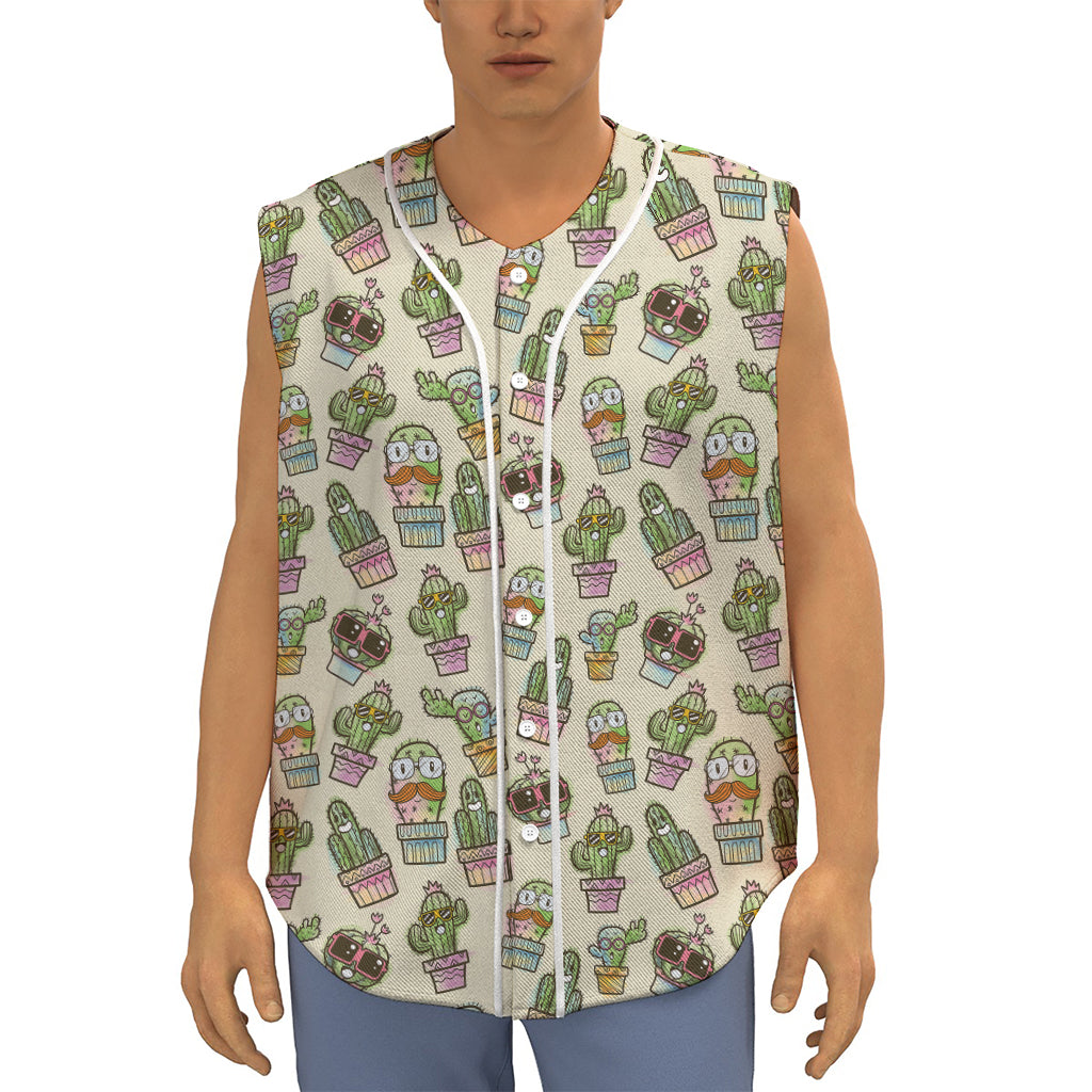 Cute Cartoon Cactus Pattern Print Sleeveless Baseball Jersey