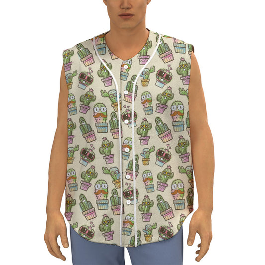 Cute Cartoon Cactus Pattern Print Sleeveless Baseball Jersey