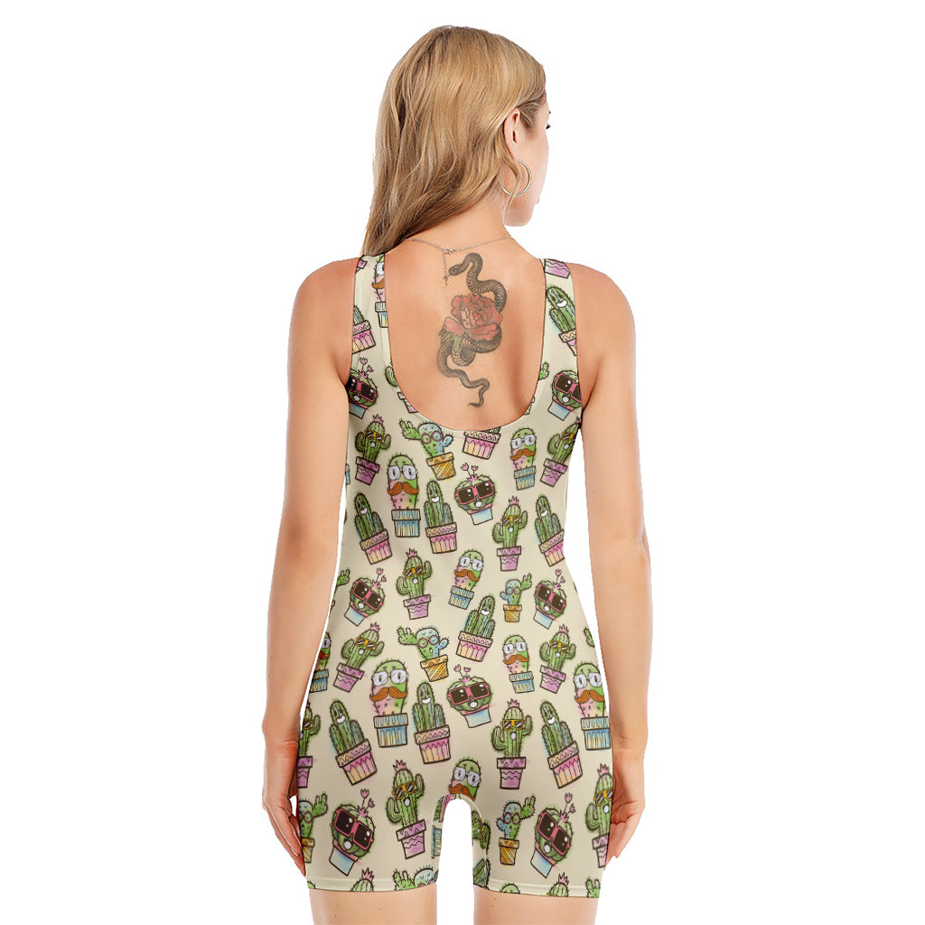 Cute Cartoon Cactus Pattern Print Sleeveless One Piece Swimsuit