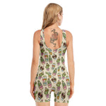 Cute Cartoon Cactus Pattern Print Sleeveless One Piece Swimsuit