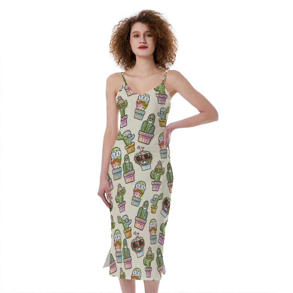 Cute Cartoon Cactus Pattern Print Slim Fit Midi Cami Dress