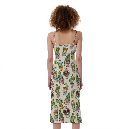 Cute Cartoon Cactus Pattern Print Slim Fit Midi Cami Dress
