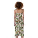 Cute Cartoon Cactus Pattern Print Slim Fit Midi Cami Dress