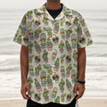Cute Cartoon Cactus Pattern Print Textured Short Sleeve Shirt