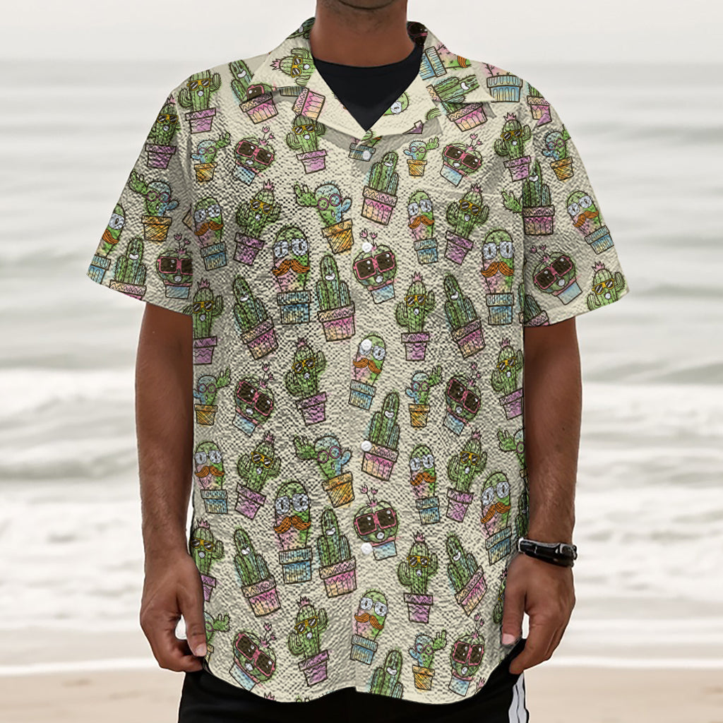 Cute Cartoon Cactus Pattern Print Textured Short Sleeve Shirt