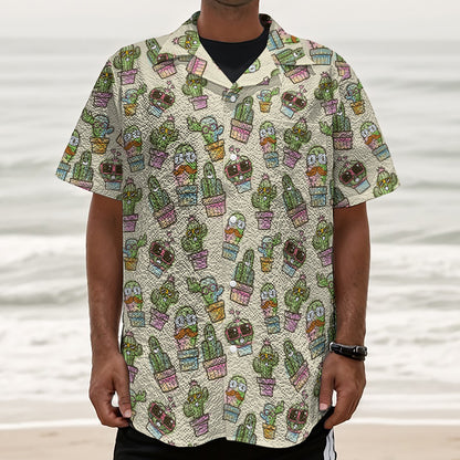 Cute Cartoon Cactus Pattern Print Textured Short Sleeve Shirt