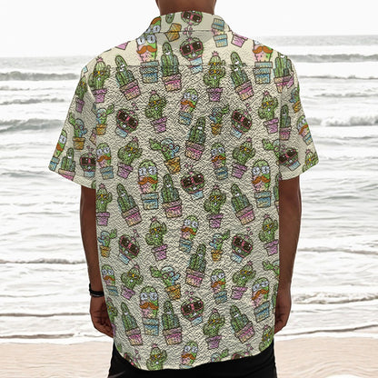 Cute Cartoon Cactus Pattern Print Textured Short Sleeve Shirt
