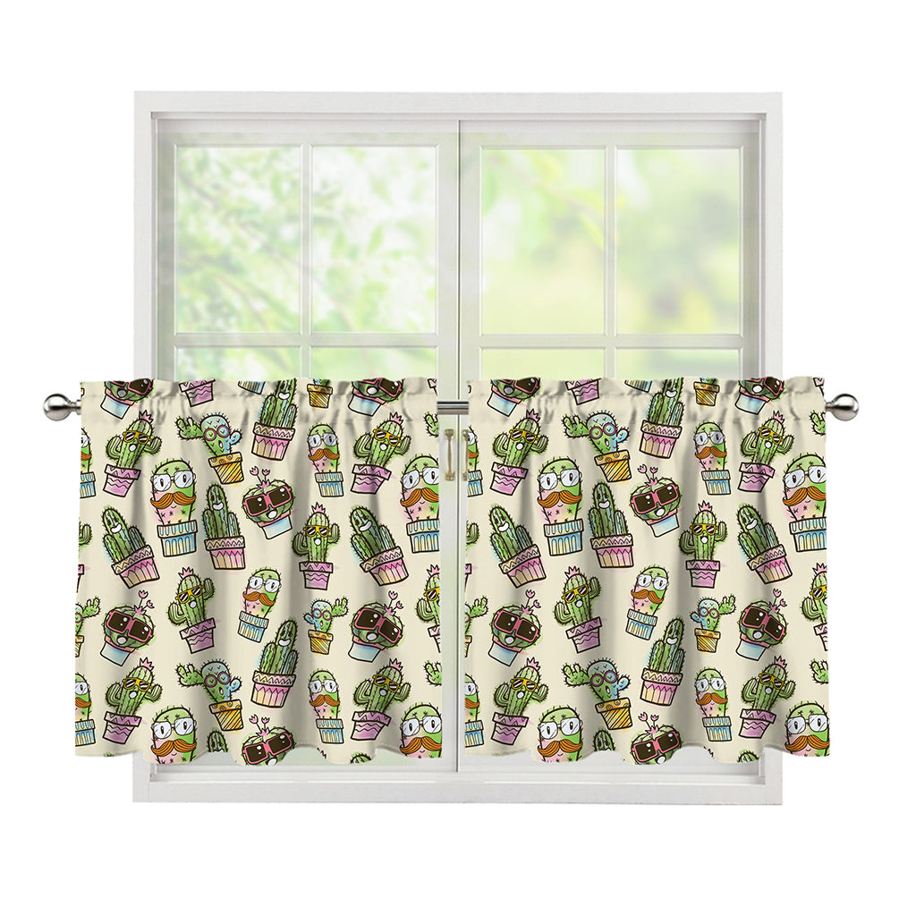 Cute Cartoon Cactus Pattern Print Tier Curtains