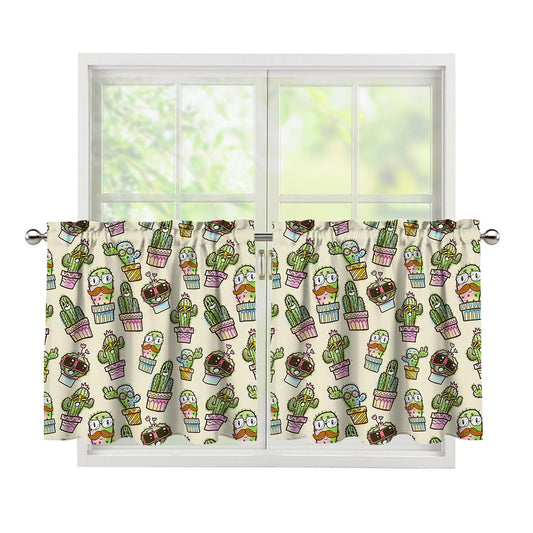 Cute Cartoon Cactus Pattern Print Tier Curtains