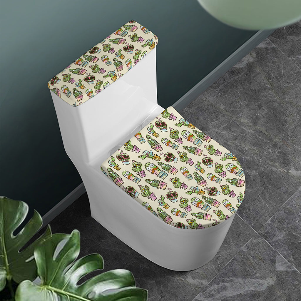 Cute Cartoon Cactus Pattern Print Toilet Lid And Tank Cover Set