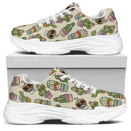 Cute Cartoon Cactus Pattern Print White Chunky Shoes