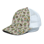 Cute Cartoon Cactus Pattern Print White Mesh Trucker Cap