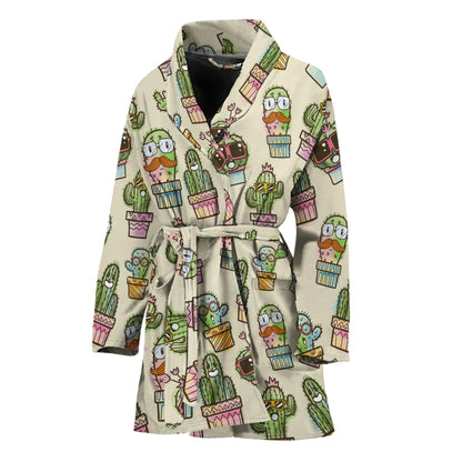 Cute Cartoon Cactus Pattern Print Women's Bathrobe