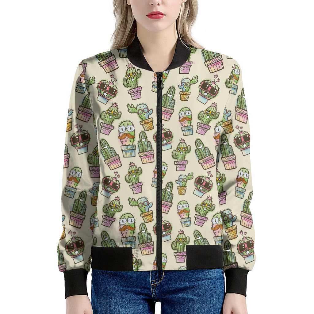 Cute Cartoon Cactus Pattern Print Women's Bomber Jacket