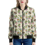 Cute Cartoon Cactus Pattern Print Women's Bomber Jacket