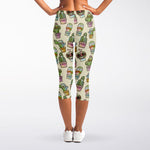 Cute Cartoon Cactus Pattern Print Women's Capri Leggings