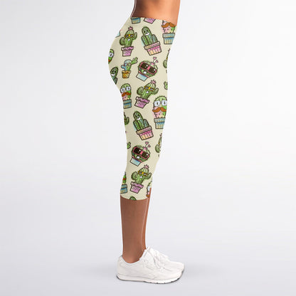 Cute Cartoon Cactus Pattern Print Women's Capri Leggings