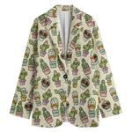 Cute Cartoon Cactus Pattern Print Women's Cotton Blazer