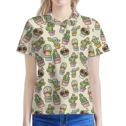 Cute Cartoon Cactus Pattern Print Women's Polo Shirt