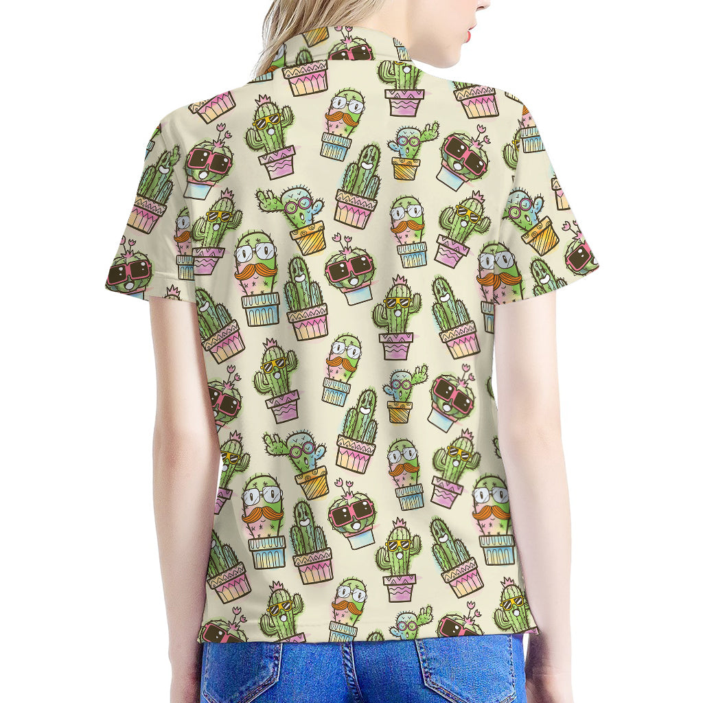 Cute Cartoon Cactus Pattern Print Women's Polo Shirt