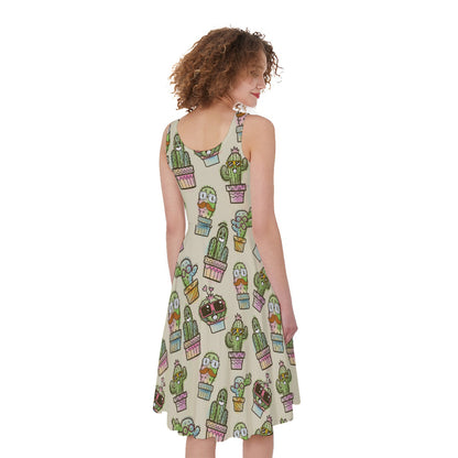 Cute Cartoon Cactus Pattern Print Women's Sleeveless Dress