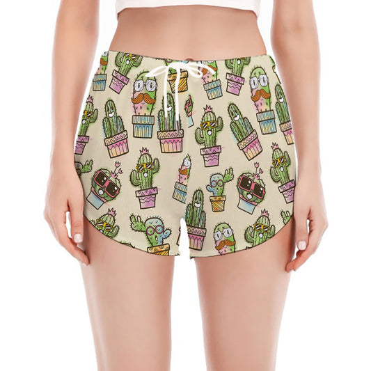 Cute Cartoon Cactus Pattern Print Women's Split Running Shorts