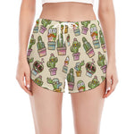 Cute Cartoon Cactus Pattern Print Women's Split Running Shorts