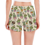 Cute Cartoon Cactus Pattern Print Women's Split Running Shorts