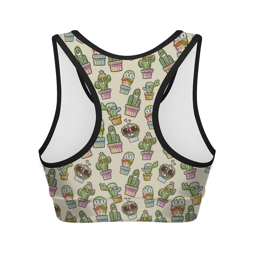 Cute Cartoon Cactus Pattern Print Women's Sports Bra