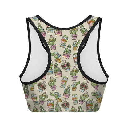 Cute Cartoon Cactus Pattern Print Women's Sports Bra