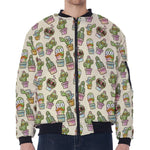 Cute Cartoon Cactus Pattern Print Zip Sleeve Bomber Jacket