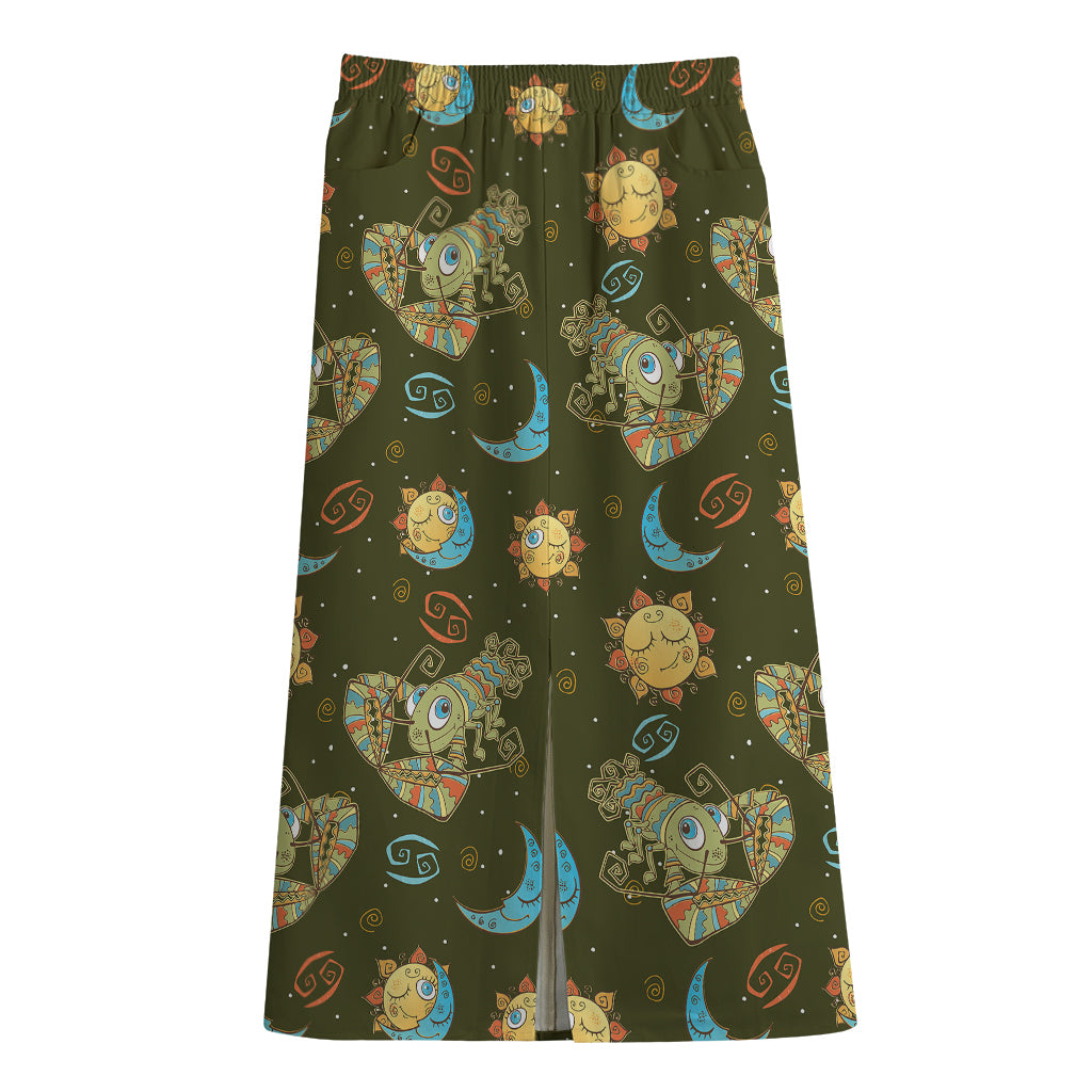 Cute Cartoon Cancer Pattern Print Cotton Front Slit Maxi Skirt