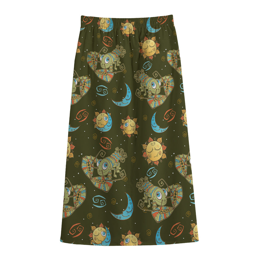 Cute Cartoon Cancer Pattern Print Cotton Front Slit Maxi Skirt
