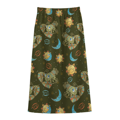 Cute Cartoon Cancer Pattern Print Cotton Front Slit Maxi Skirt
